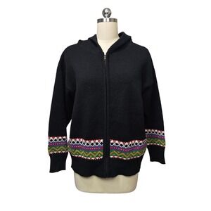 Vintage Mexx Black Zip Up Hoodie Fair‎ Isle Geometric Pattern Womens Small Wool